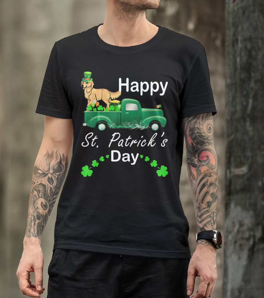 Happy St. Patrick's Day Golden Retriever On Green Truck With Shamrocks T-Shirt