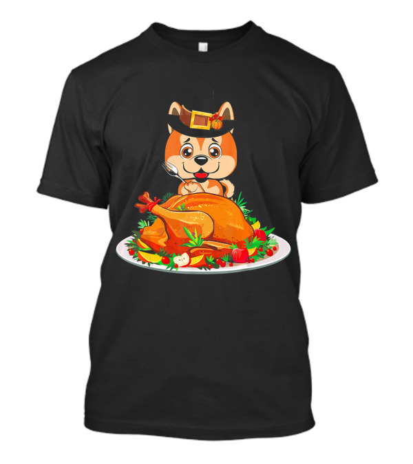 Akita Dog Thanksgiving Feast With Pilgrim Hat And Turkey T-Shirt