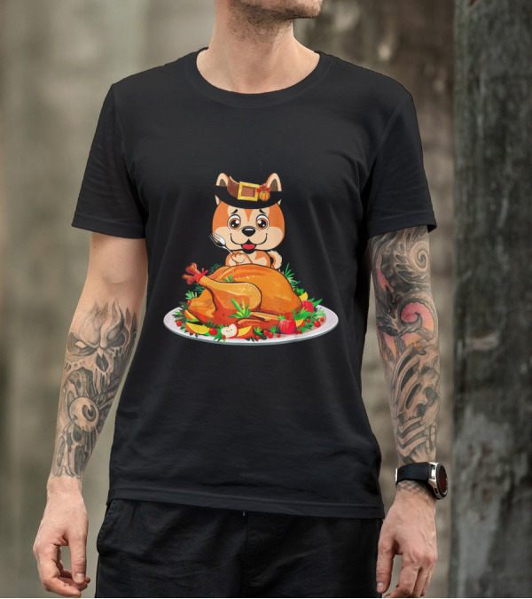 Akita Dog Thanksgiving Feast With Pilgrim Hat And Turkey T-Shirt
