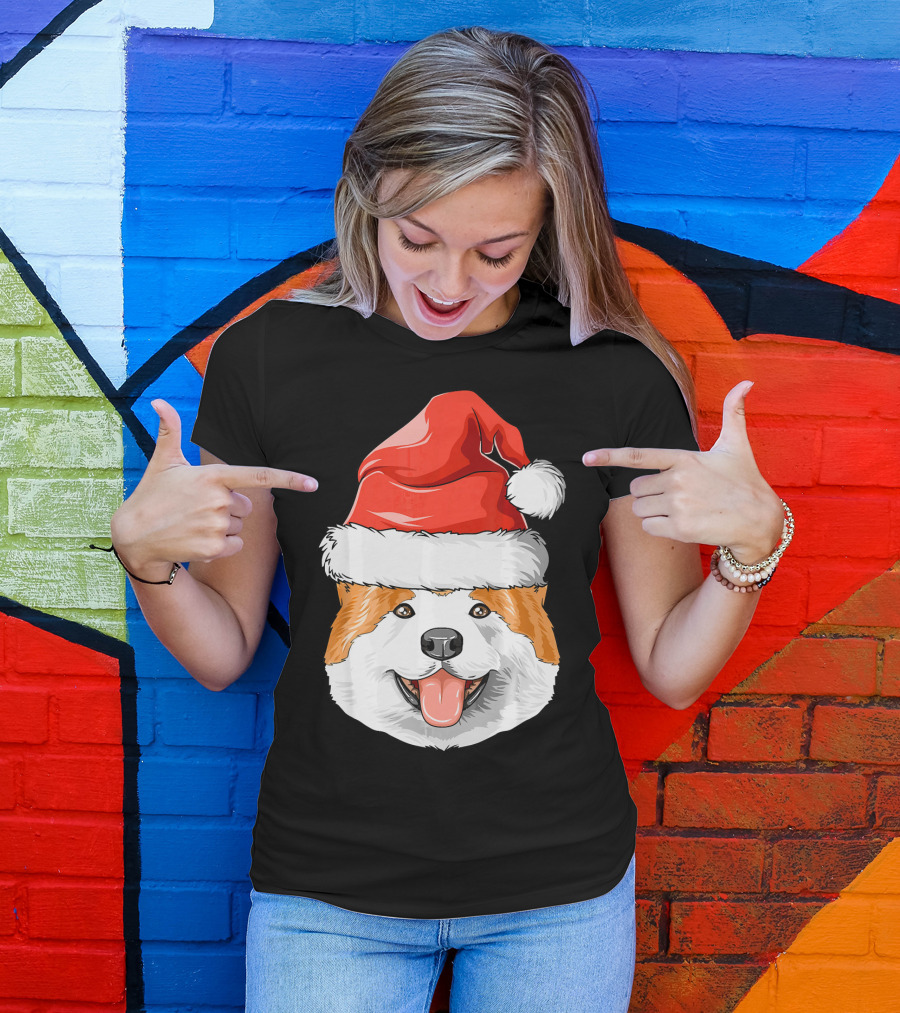 Akita Dog In Santa Hat Christmas T-Shirt