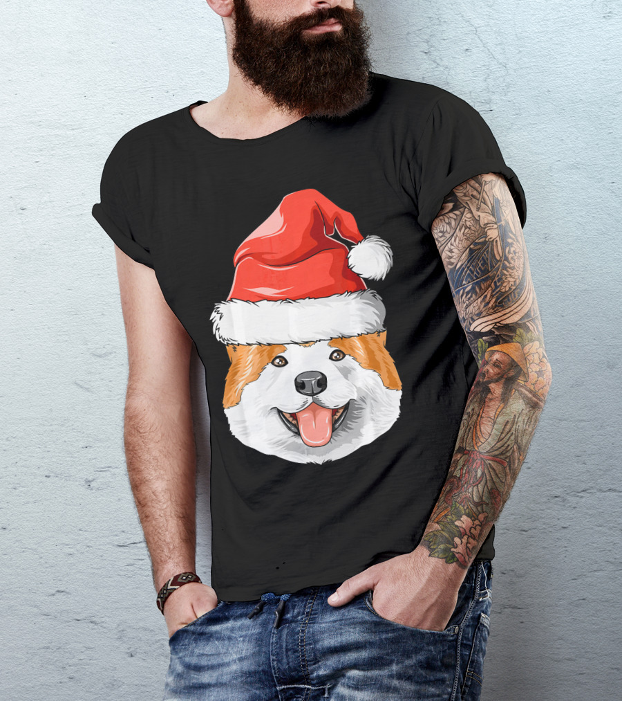 Akita Dog In Santa Hat Christmas T-Shirt