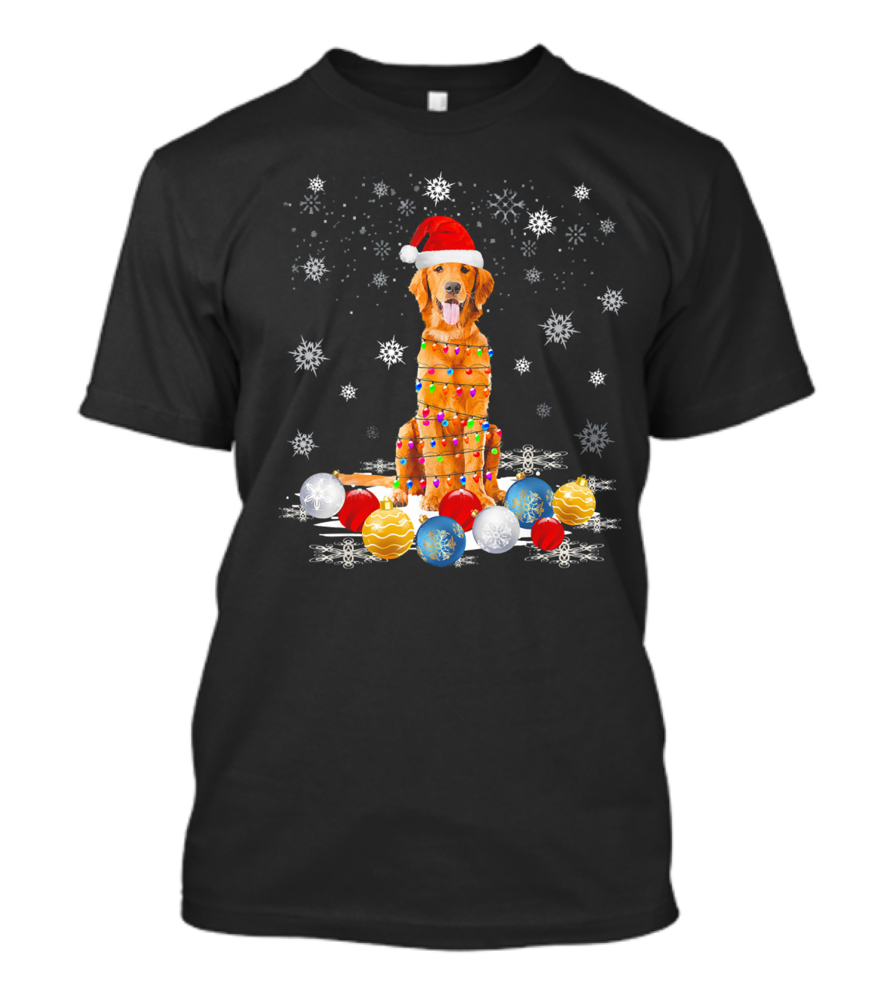 Golden Retriever Dog With Christmas Lights And Santa Hat Surrounded By Snowflakes And Ornaments T-Shirt