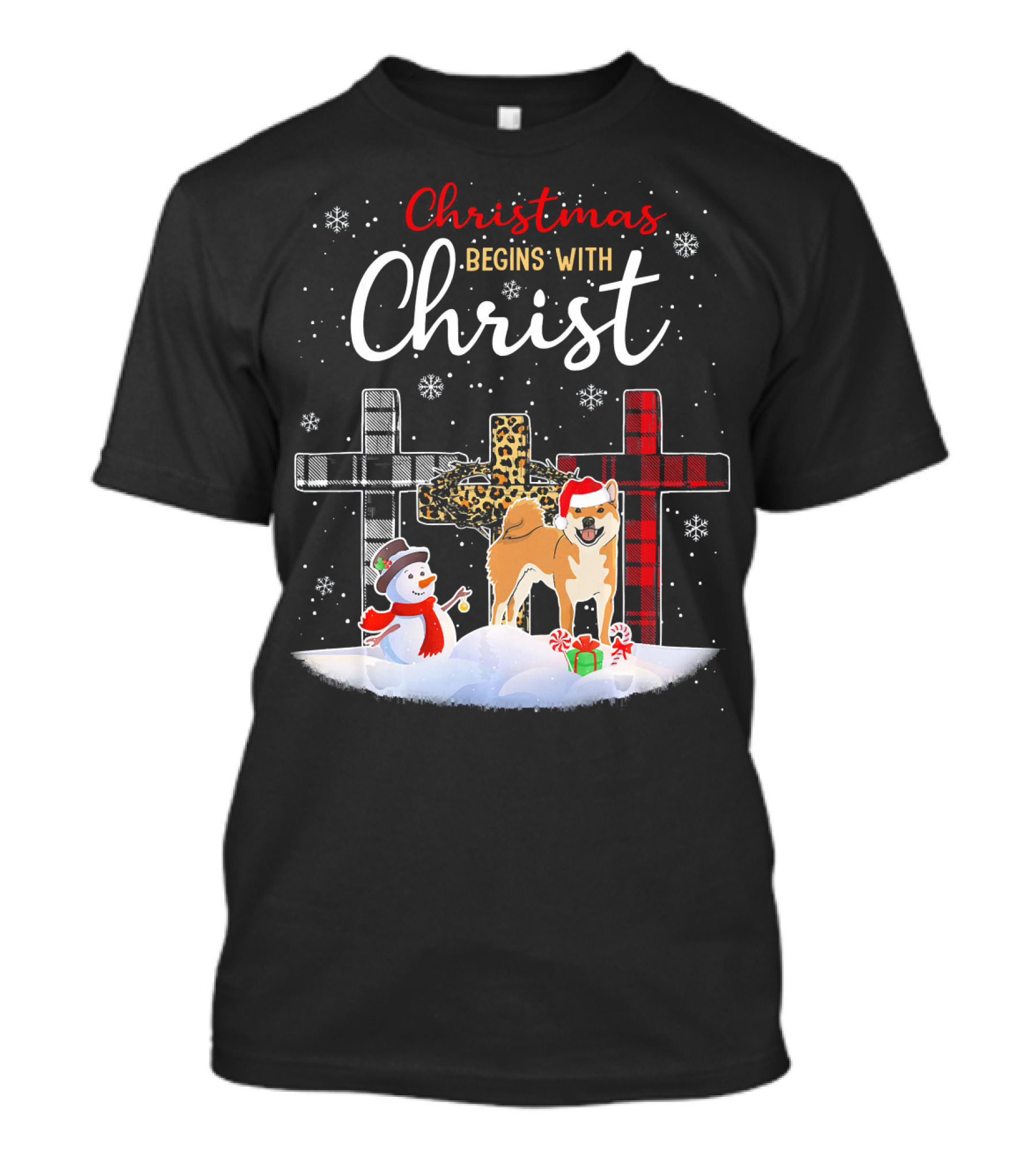 Christmas Begins With Christ Akita Dog Snowman Crosses T-Shirt