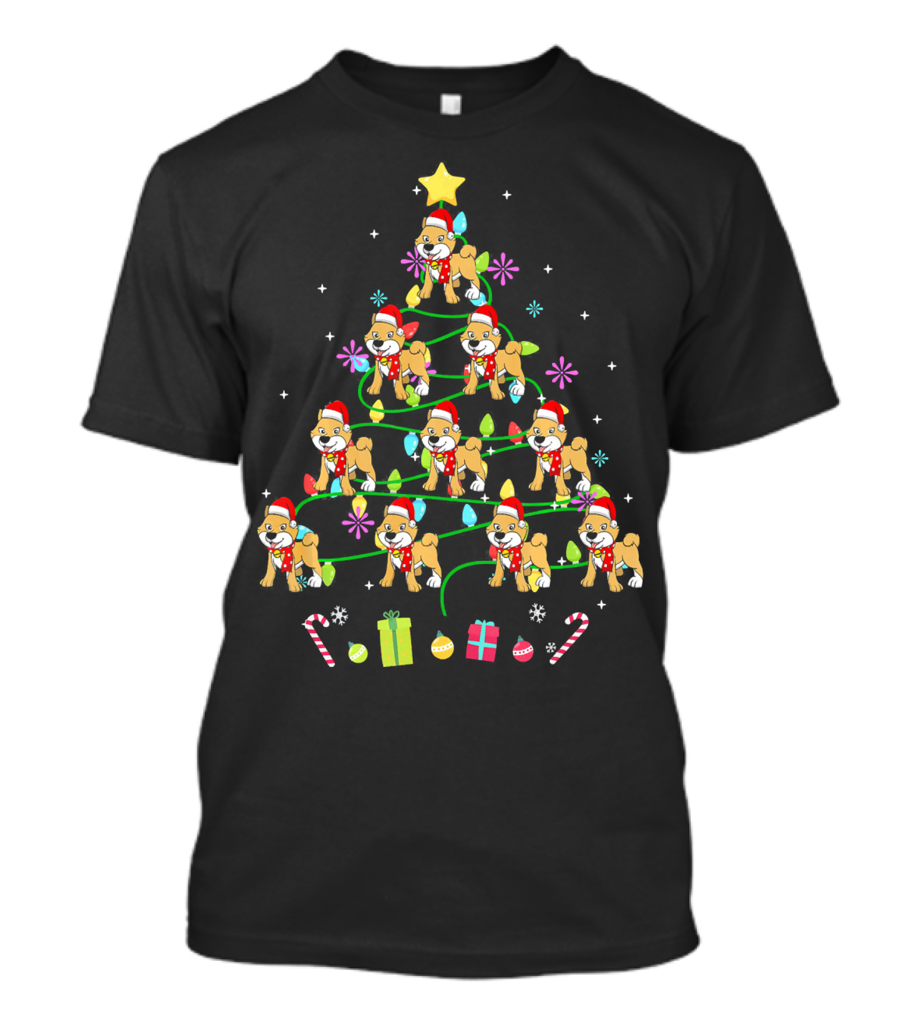 Funny Akita Puppies With Santa Hats On Christmas Tree With Stars And LED Lights T-Shirt