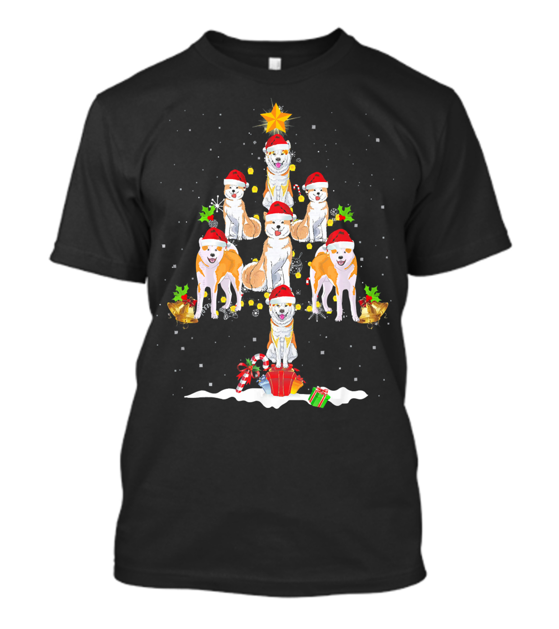 Akita Dogs In Santa Hats Christmas Tree With Gifts And Snowflakes Holiday T-Shirt