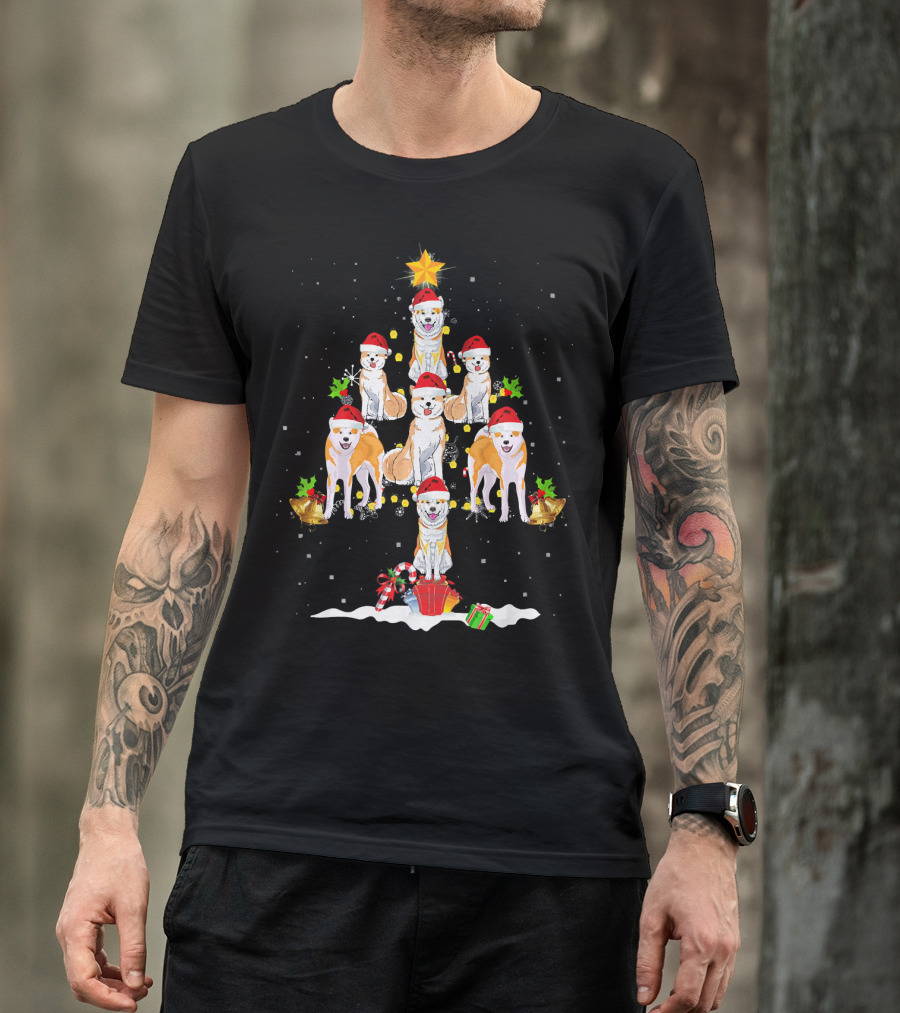 Akita Dogs In Santa Hats Christmas Tree With Gifts And Snowflakes Holiday T-Shirt