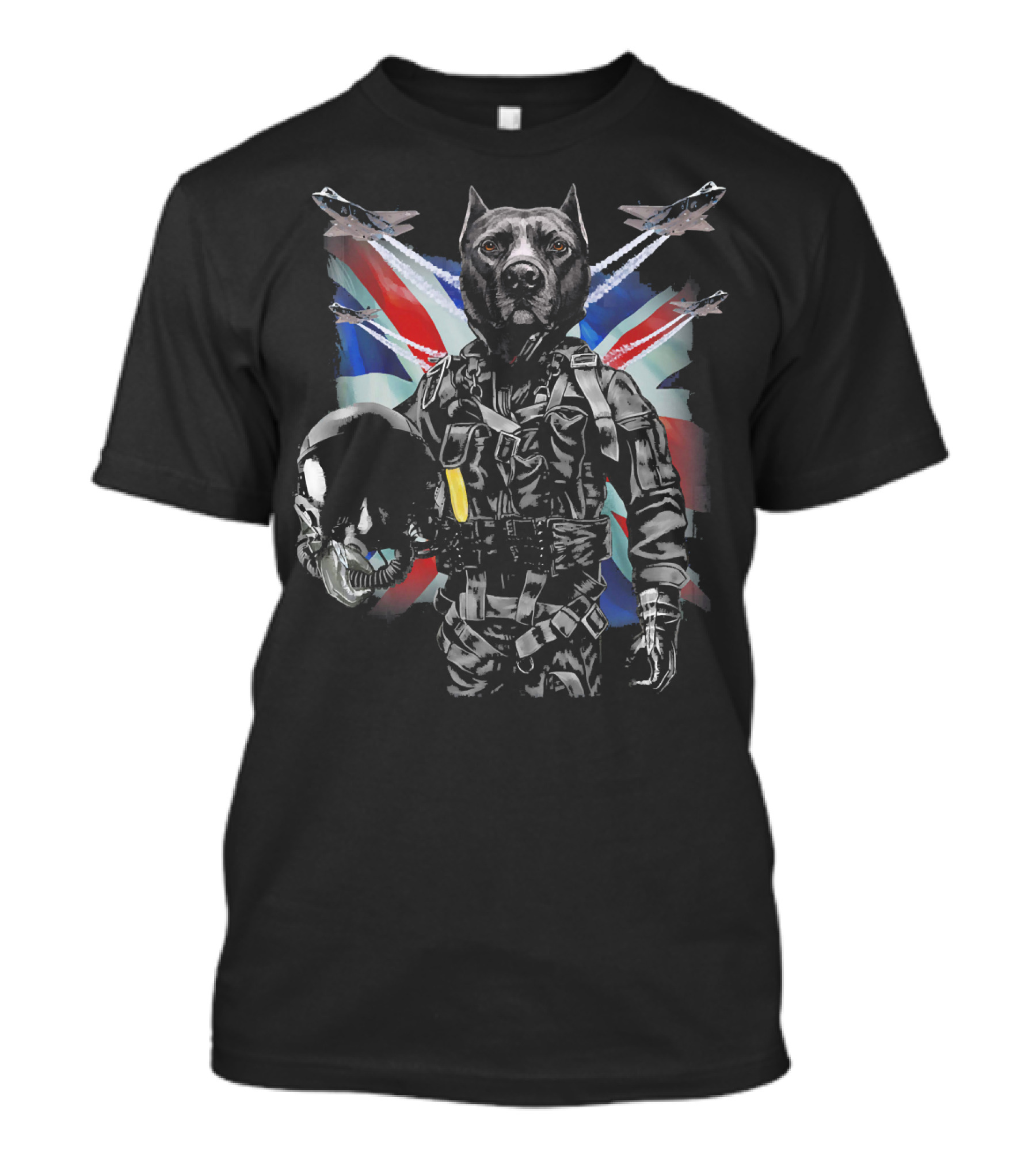Black Pit Bull Dog Fighter Jet Pilot With Union Jack And Jet Formation T-Shirt