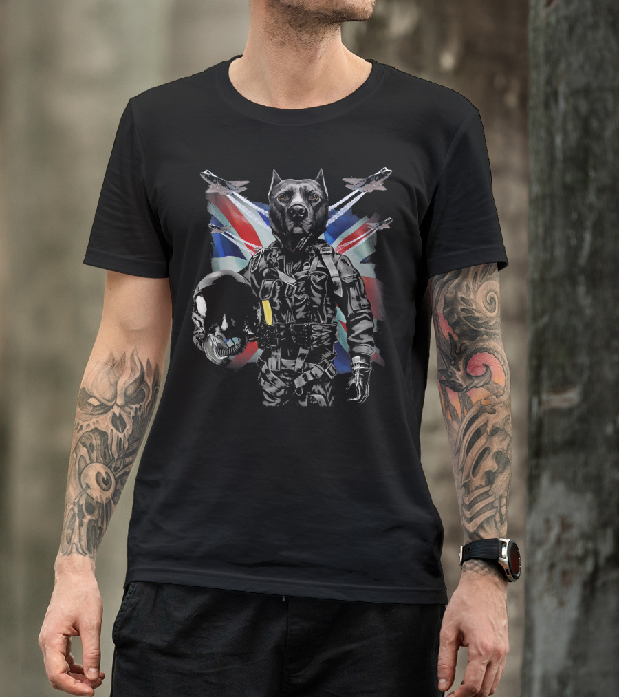 Black Pit Bull Dog Fighter Jet Pilot With Union Jack And Jet Formation T-Shirt
