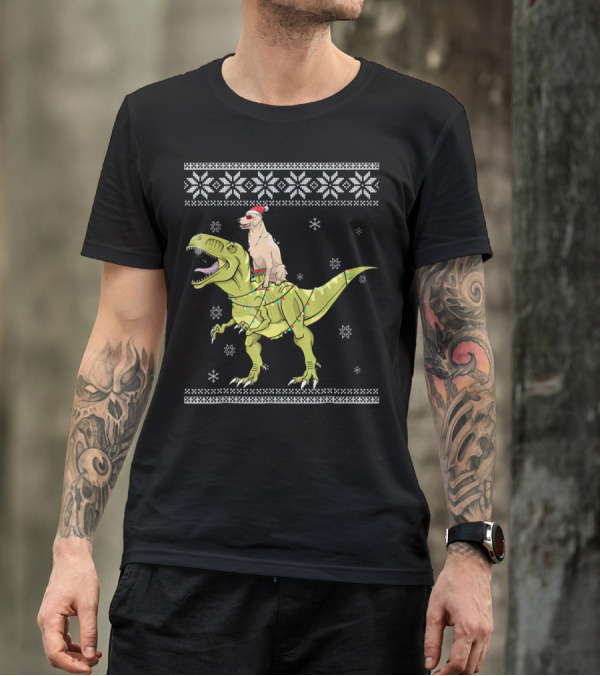 Golden Retriever In Santa Hat Riding T-Rex With Christmas Lights Snowflake T-Shirt