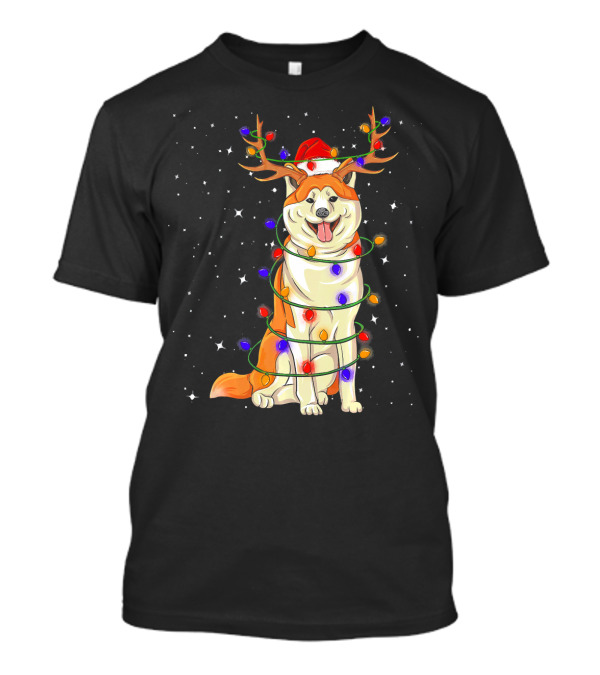 Akita Christmas Lights Dog With Santa Hat And Reindeer Antlers T-Shirt
