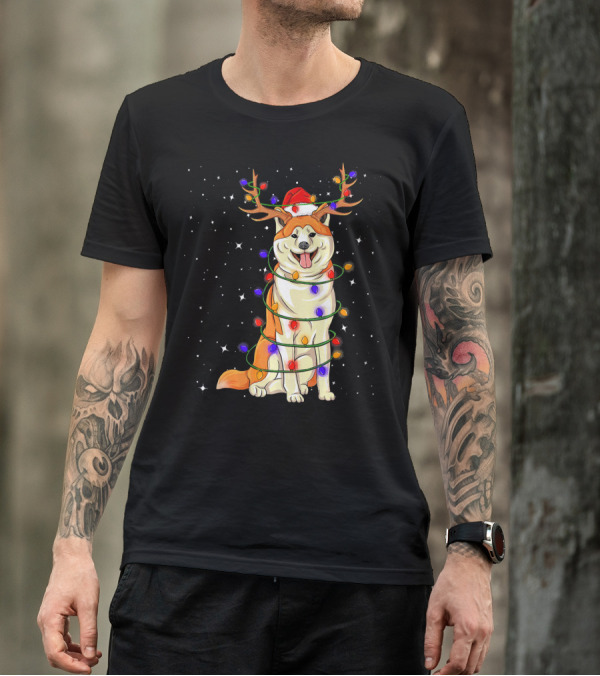 Akita Christmas Lights Dog With Santa Hat And Reindeer Antlers T-Shirt