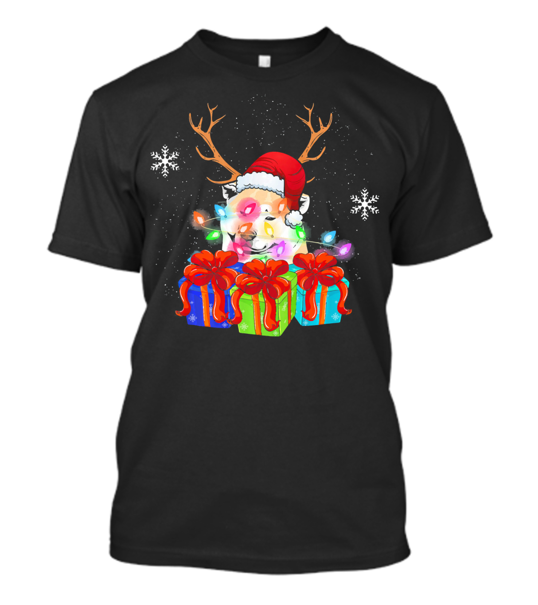 Akita Dog Christmas Antlers Santa Hat Lights Presents T-Shirt