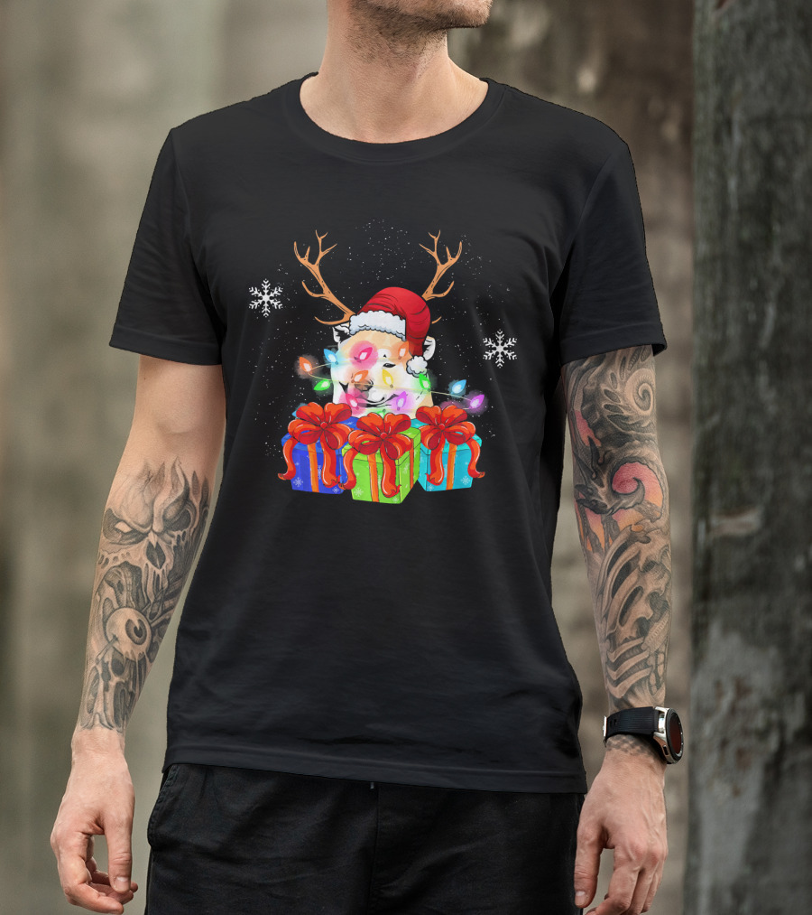 Akita Dog Christmas Antlers Santa Hat Lights Presents T-Shirt