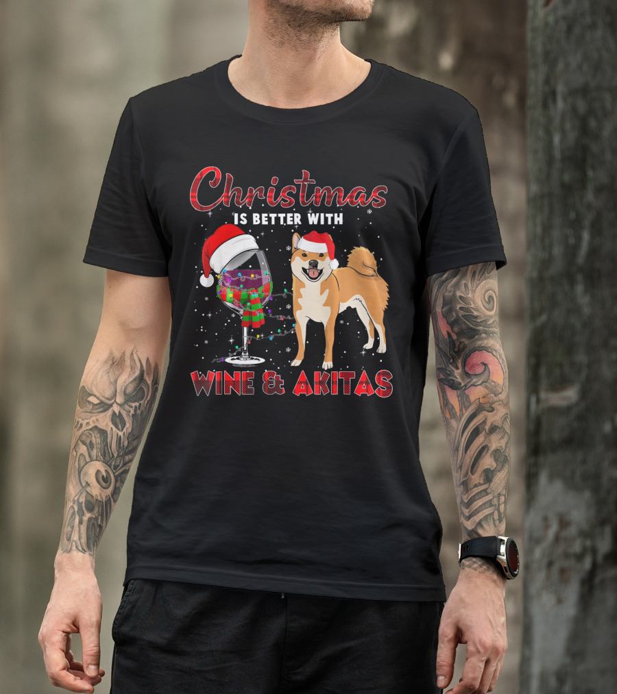 Christmas Is Better With Wine And Akitas Santa Hat Snowflakes T-Shirt