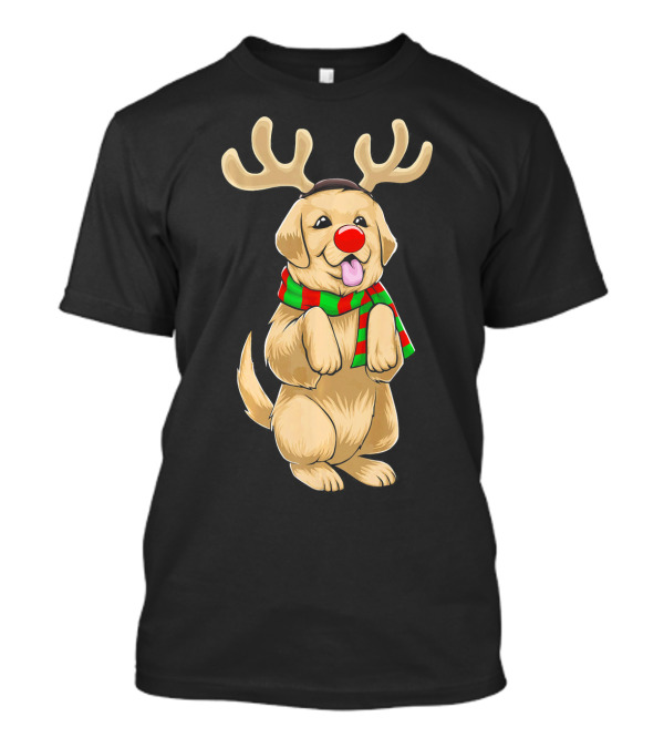 Christmas Golden Retriever With Reindeer Antlers And Red Nose T-Shirt