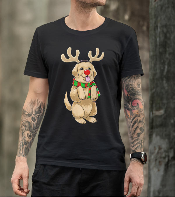 Christmas Golden Retriever With Reindeer Antlers And Red Nose T-Shirt
