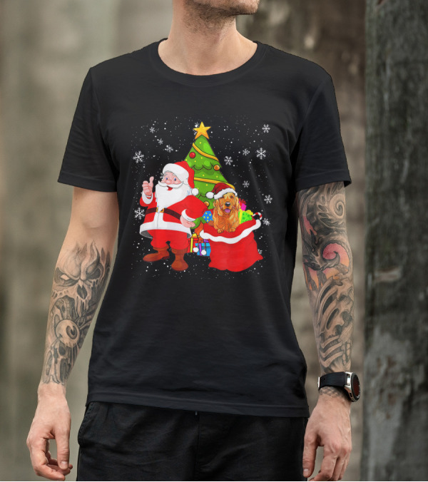 Christmas Santa Claus Golden Retriever Tree And Presents T-Shirt
