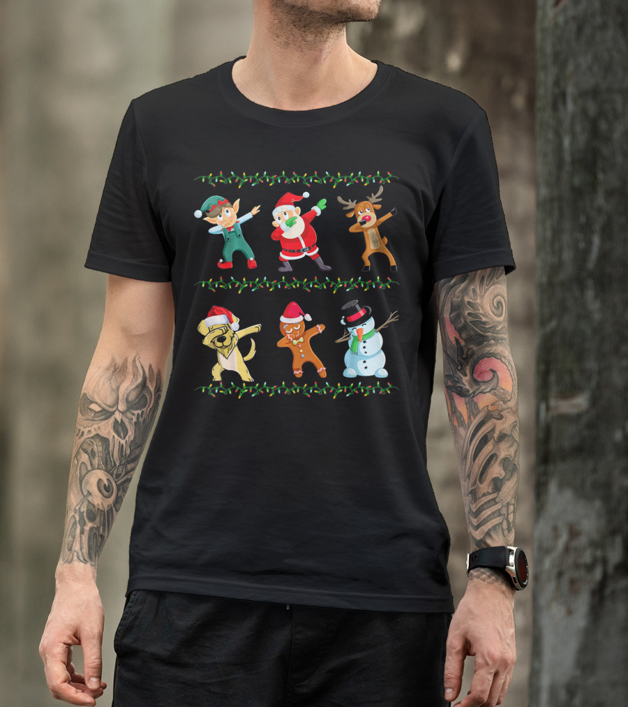 Funny Dabbing Santa Golden Retriever Elf Reindeer Gingerbread Snowman Christmas Lights T-Shirt