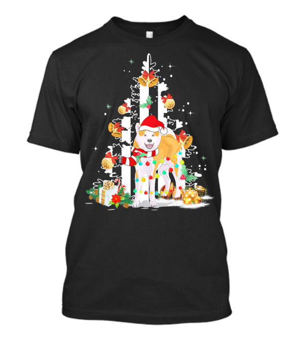 Akita Inu Christmas Tree Lights Santa Hat USA Flag Holiday Icons T-Shirt