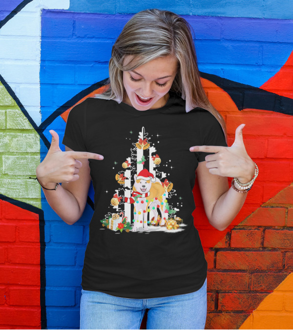 Akita Inu Christmas Tree Lights Santa Hat USA Flag Holiday Icons T-Shirt