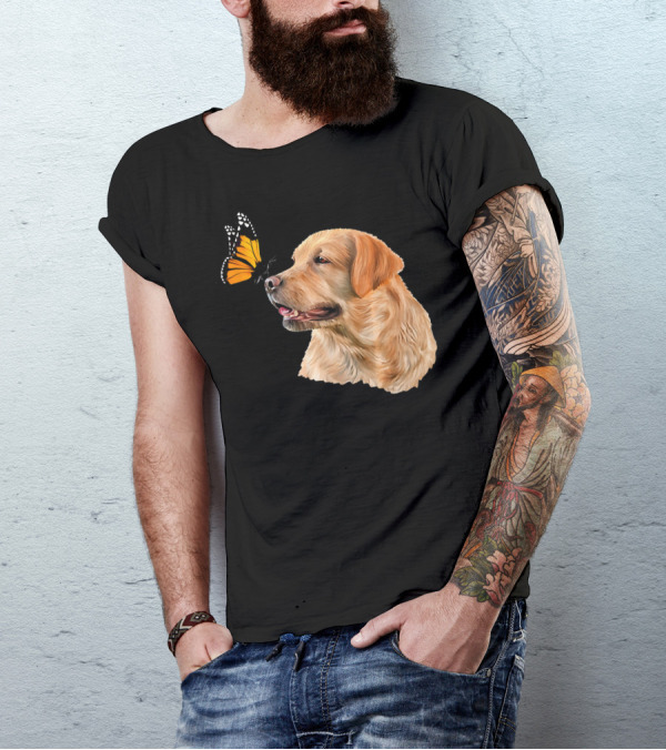 Cute Golden Retriever And Monarch Butterfly Interaction T-Shirt