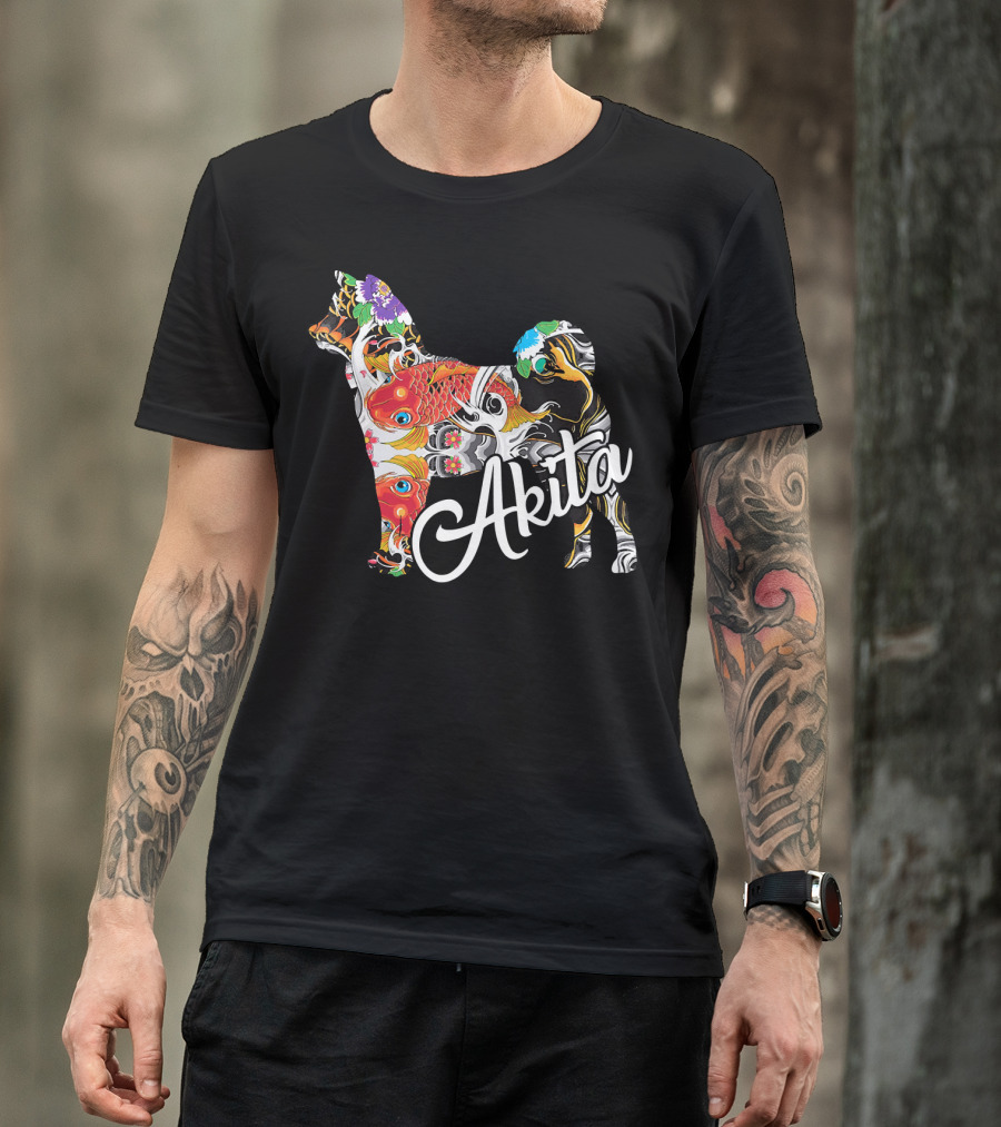 Akita Colorful Floral And Fish Akita T-Shirt