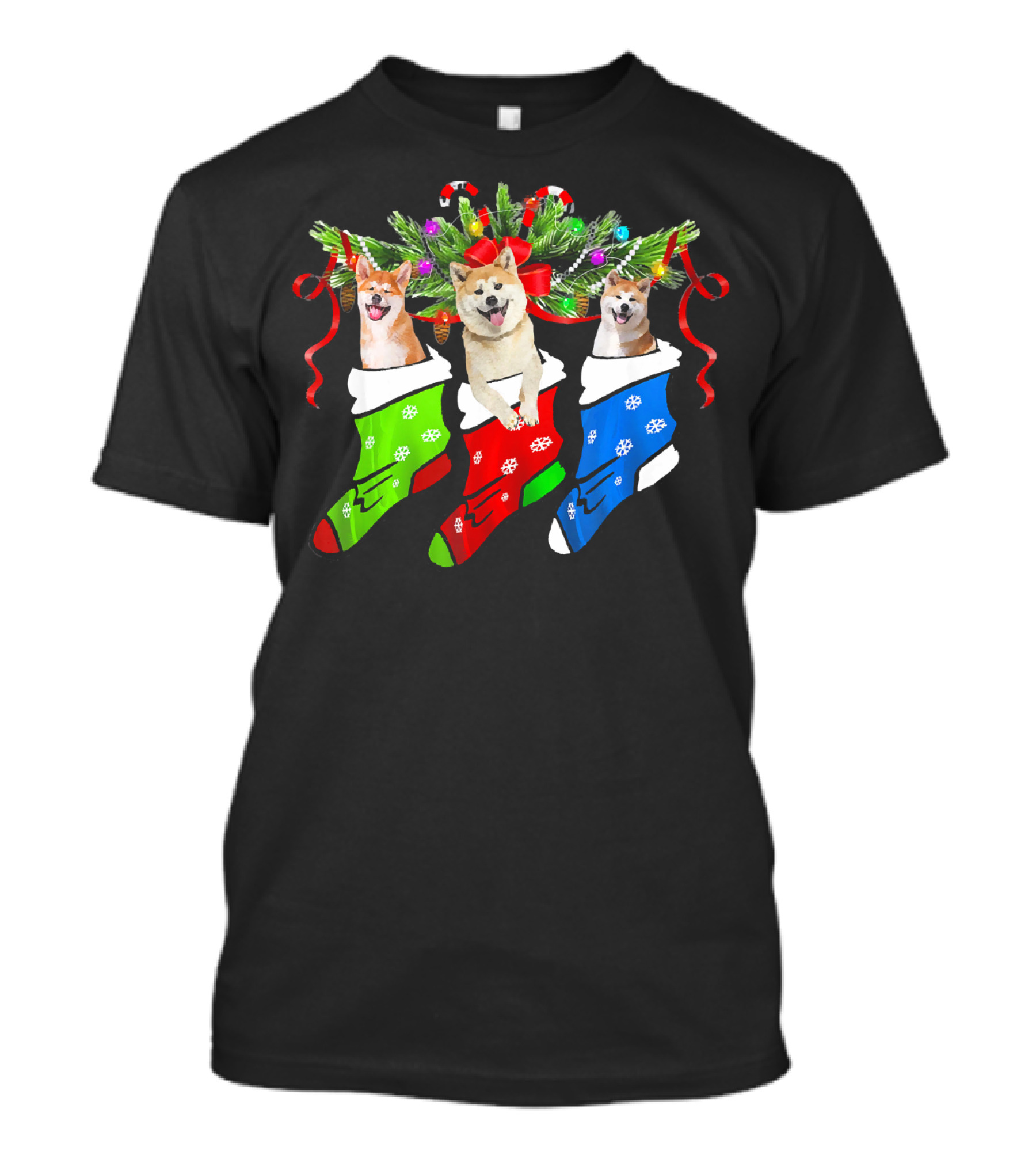 Funny Christmas Three Akita Dogs In Festive Stockings T-Shirt