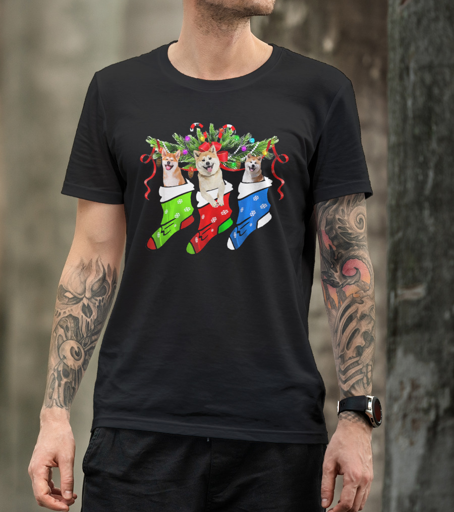 Funny Christmas Three Akita Dogs In Festive Stockings T-Shirt
