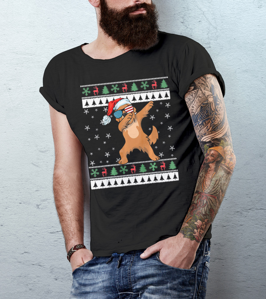 Dabbing Golden Retriever Lover Ugly Christmas Sweater Patriotic Santa Hat T-Shirt