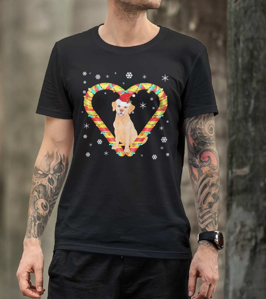 Golden Retriever Santa Hat Inside Candy Cane Heart With Snowflakes T-Shirt