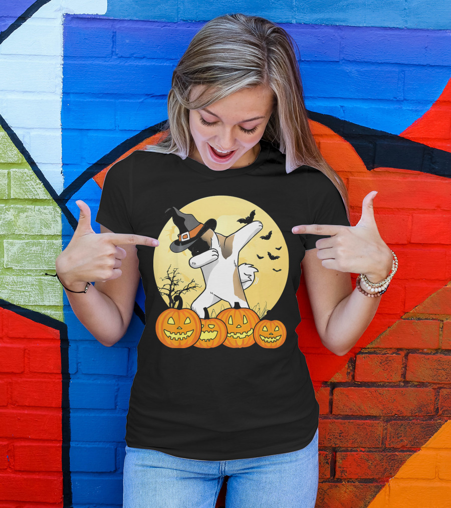 Halloween Akita Dog Dabbing With Pumpkins And Witch Hat T-Shirt