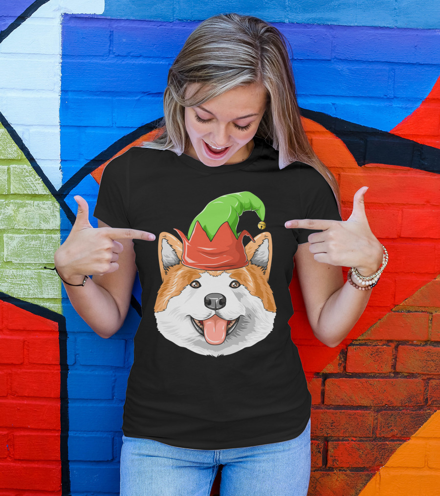 Akita Dog In Festive Elf Hat Christmas T-Shirt