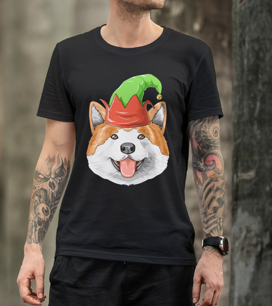 Akita Dog In Festive Elf Hat Christmas T-Shirt