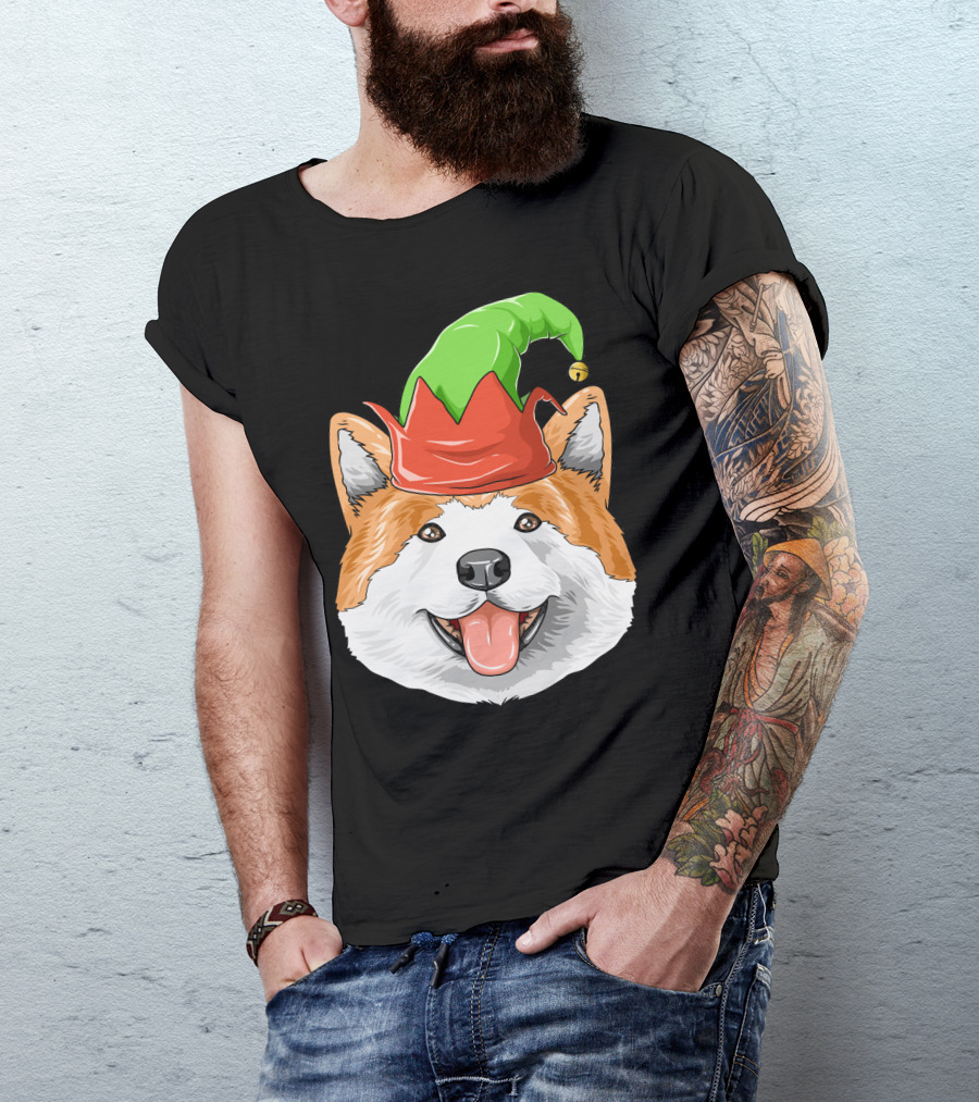 Akita Dog In Festive Elf Hat Christmas T-Shirt