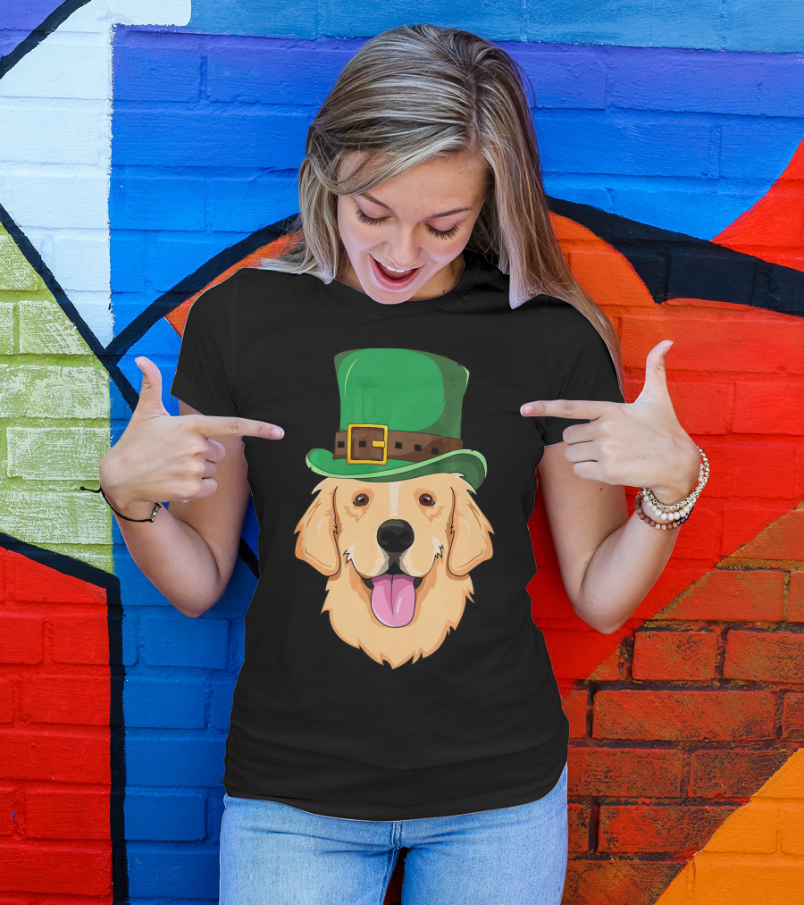 Golden Retriever Wearing St. Patrick's Day Green Hat T-Shirt