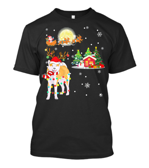 Festive Akita Inu With Santa And Reindeer Under The Christmas Moon T-Shirt