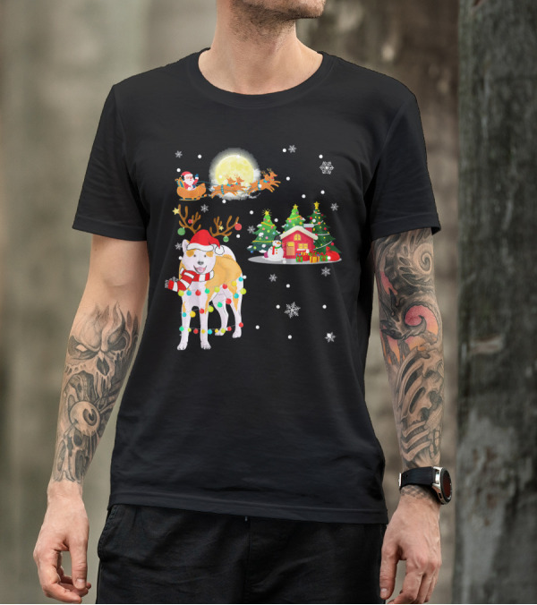 Festive Akita Inu With Santa And Reindeer Under The Christmas Moon T-Shirt