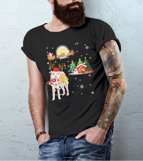 Festive Akita Inu With Santa And Reindeer Under The Christmas Moon T-Shirt