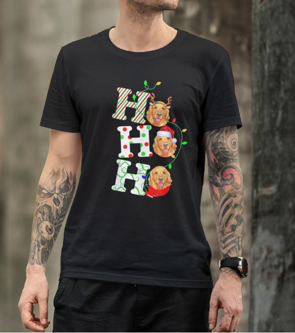 Golden Retriever Ho Ho Ho Reindeer Antlers Santa Hat T-Shirt
