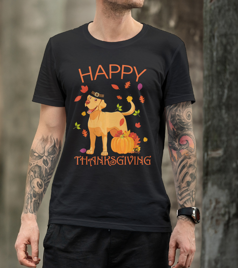 Happy Thanksgiving Dog Labrador Retriever Autumn Maple Leaf Pumpkin T-Shirt