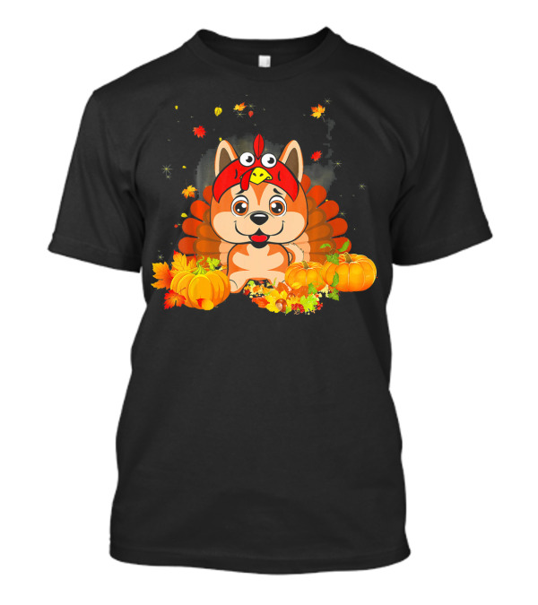 Akita Dog Wearing Turkey Hat With Pumpkins And Fall Leaves T-Shirt