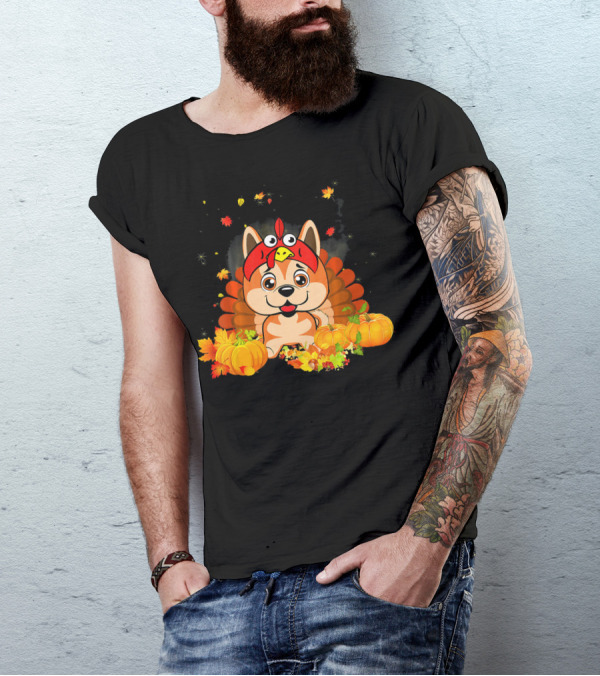 Akita Dog Wearing Turkey Hat With Pumpkins And Fall Leaves T-Shirt