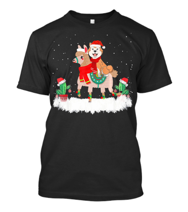 Cute Akita In Santa Hat Riding Llama With Christmas Cactus T-Shirt
