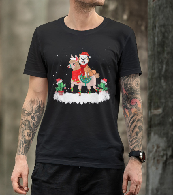 Cute Akita In Santa Hat Riding Llama With Christmas Cactus T-Shirt