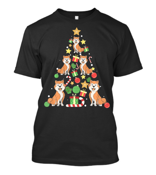 Akita Dogs With Candy Canes And Gifts Christmas Tree T-Shirt