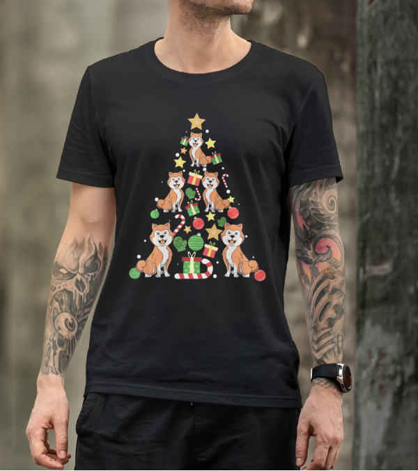 Akita Dogs With Candy Canes And Gifts Christmas Tree T-Shirt