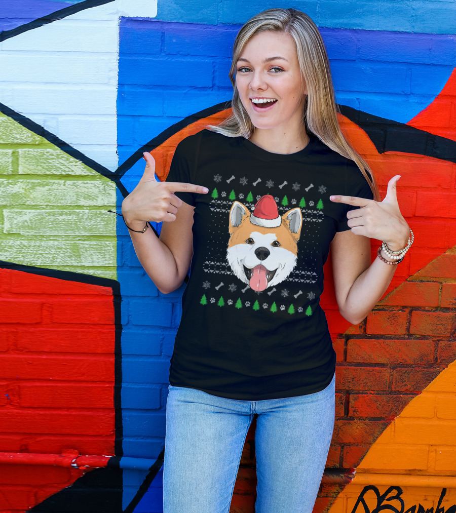 Akita Inu Dog Santa Claus Hat Ugly Christmas Sweater Paws Bones Trees T-Shirt