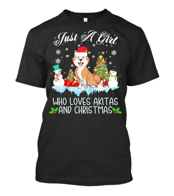 Just A Girl Who Loves Akitas And Christmas With Santa Hat And Snowflake Scene T-Shirt