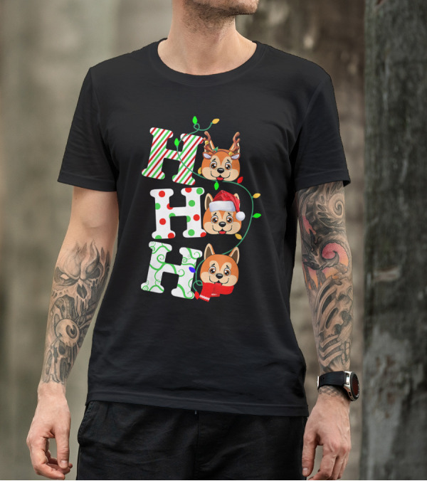 Ho Ho Ho Akita Christmas Dog Santa Hat Reindeer Lights T-Shirt