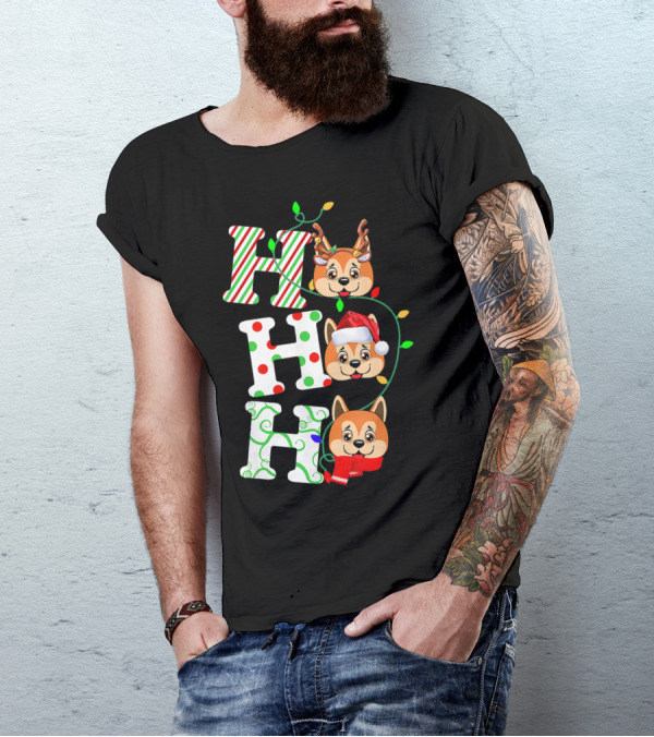 Ho Ho Ho Akita Christmas Dog Santa Hat Reindeer Lights T-Shirt